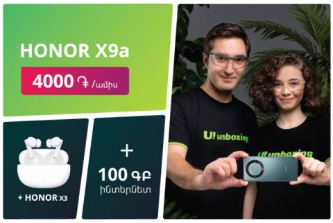 Ucom offers Honor X9a smartphone at 4000 AMD/month, plus Honor X3 wireless earbuds, 100 GB internet, nice phone number