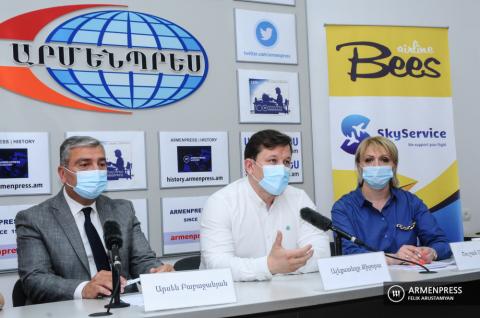 Press conference of Bees Airline commercial director Oleksandr
Dzhydzhora, Sky Service director Arsen Babajanyan and
specialist of air ticket sales and booking Shushan Avetisyan