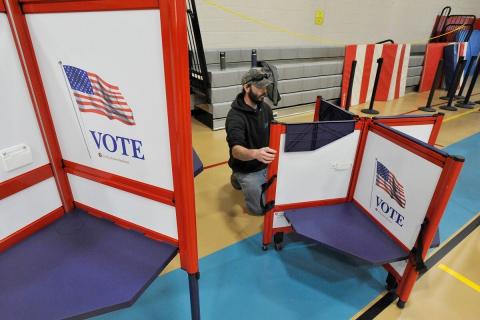Jonathan Winslow of the Harwich DPW puts together some of the voting booths at the Harwich Community Center Monday morning.
A crew from the Harwich Department of Public Works was at the community center Monday, Nov. 4, 2024 setting up the polling station. Voters will head to the polls Tuesday, Nov. 5 to vote in the presidential election along with some local races.