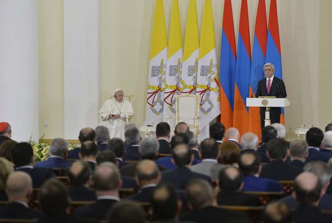 Armenia's Sargsyan speaks in a meeting of Pope with Armenian authorities, public and 
diplomatic corps