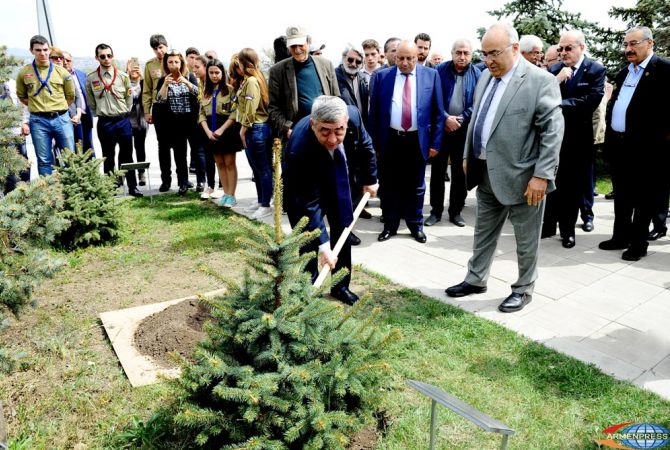 Pyunik Foundation plants fir tree in Tsitsernakaberd Armenian Genocide Memorial