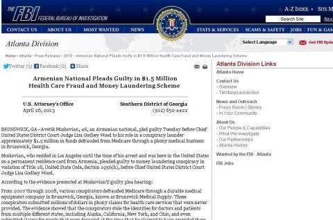 Armenian National Pleads Guilty in $1.5 Million Health Care Fraud and Money Laundering Scheme 