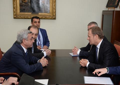 President Serzh Sargsyan meets with Donald Tusk and Angela Merkel