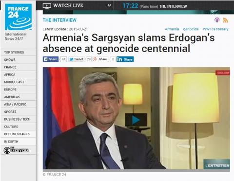 Հայաստանի Նախագահը France 24-ի եթերում քննադատել է թուրքական ժխտողականությունը