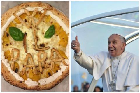 Pope Francis Accepts a Pizza While Riding in the Popemobile