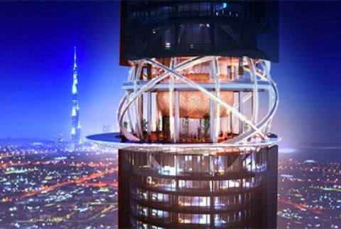 Artificial beach, rain-forest landscape in Dubai's new iconic tower