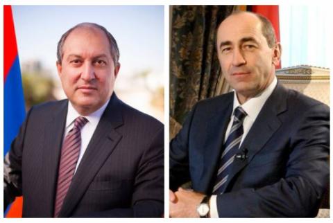 2nd President of Armenia Robert Kocharyan congratulates President Armen Sarkissian on assuming the post