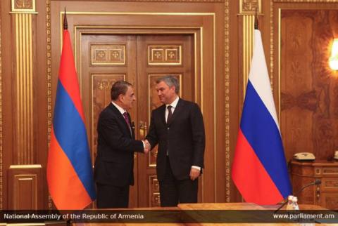 Հայ-ռուսական համագործակցությունը կշարունակի զարգանալ վստահության մթնոլորտում. ՀՀ ԱԺ և ՌԴ Պետդումայի նախագահները հանդիպել են