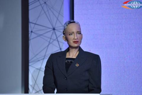 Humanoid robot Sophia delivers remarks at Yerevan La Francophonie forum, vows to learn French for next time