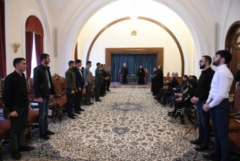 President Sarkissian, His Holiness Garegin II meet with military disabled at Holy Etchmiadzin