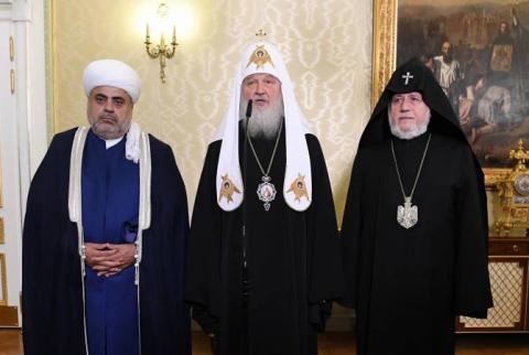 Catholicos Karekin II, Russia’s Patriarch Kirill, Azerbaijan-based Chairman of CMO Allahshukur Pashazadeh meet in Moscow