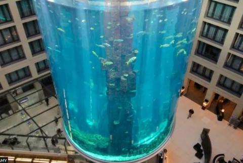 World's largest freestanding cylindrical aquarium bursts in Berlin