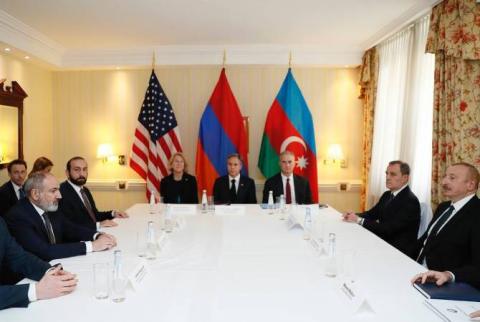 اجتماع بين رئيس الوزراء الأرميني نيكول باشينيان وزير الخارجية الأمريكي أنتوني بلينكين والرئيس الأذربيجاني إلهام علييف