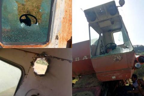 Photos show bullet-riddled tractor after latest Azeri shooting targeting farmers in Nagorno-Karabakh 