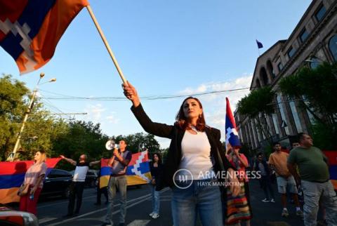 Demonstrators gather outside Russian Embassy in Yerevan to demand action against Azeri attack in Nagorno-Karabakh