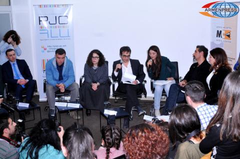 Press conference of musician Serj Tankian, Canadian-Armenian actress Arsine Khanjian, film maker Atom Egoyan, American-Armenian film maker Erik Nazaryan, and member of “Citizen Observer” init