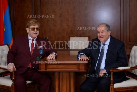 President Armen Sarkissian hosts Sir Elton John in Yerevan 
presidential office 