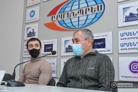 Head coach of Armenia's gymnastics team Hakob Serobyan and 
member of the team Artur Davtyan hold press conference 