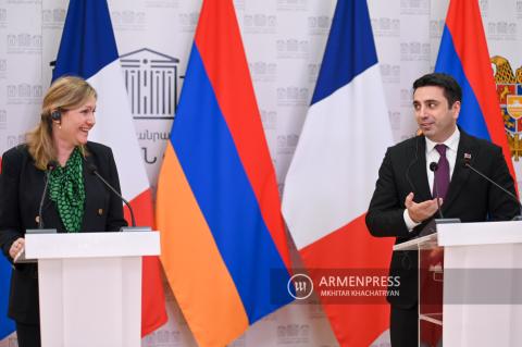 President of National Assembly of Armenia Alen Simonyan 
and President of the National Assembly of France Yaël 
Braun-Pivet hold joint press conference in Yerevan, Armenia