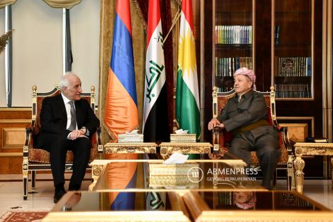 Ermenistan Cumhurbaşkanı Vahagn Khaçaturyan ve Irak 
Kürdistanı Onursal Başkanı Mesud Barzani'nin Erbil'de 
görüşmesi
