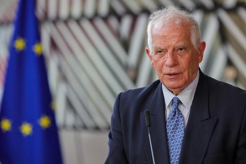 FILE PHOTO: European Union High Representative for Foreign Affairs and Security Policy Josep Borrell speaks to members of the media ahead of a EU-US Energy Council Ministerial Meeting in Brussels , Belgium April 4, 2023.  Olivier Matthys/Pool via REUTERS