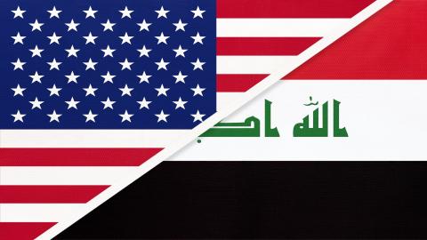 USA vs Republic of Iraq national flag from textile. Relationship, partnership and economic between two american and asian countries.