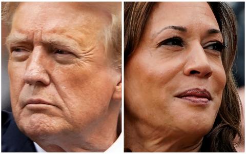 Former U.S. President Donald Trump in New York City, U.S. May 30, 2024 and U.S. Vice President Kamala Harris in Washington, U.S., July 22, 2024 in a combination of file photos. REUTERS/Eduardo Munoz, Nathan Howard/File Photo