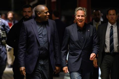 Britain's Foreign Secretary David Lammy and U.S. Secretary of State Antony Blinken walk to board a train, as they prepare to travel to Ukraine, in Przemysl, Poland, September 11, 2024. The British Foreign Secretary joined his American counterpart on a visit to Ukraine to discuss the country's military needs in its fight against Russia. Leon Neal/Pool via REUTERS