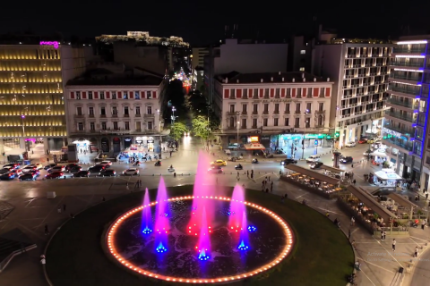 Omonoia Square fountains in Athens illuminated in Armenian flag colors