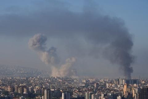 Smoke billows over Beirut's southern suburbs, amid ongoing hostilities between Hezbollah and Israeli forces, as seen from Sin El Fil, Lebanon October 5, 2024. REUTERS/Joseph Campbell