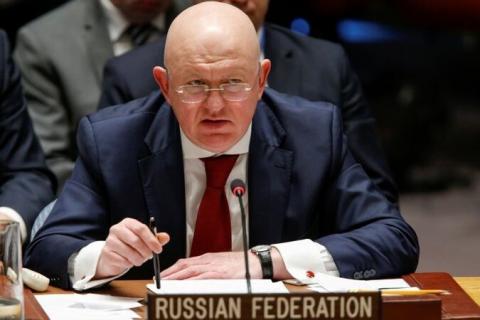 Russian Ambassador to the United Nations Vasily Nebenzya speaks after Members of the United Nations Security Council voted against a Russian resolution condemning 'aggression' against Syria by the U.S. and its allies during an emergency meeting on Syria at the U.N. headquarters in New York, U.S., April 14, 2018. REUTERS/Eduardo Munoz - RC14DD4E8DD0