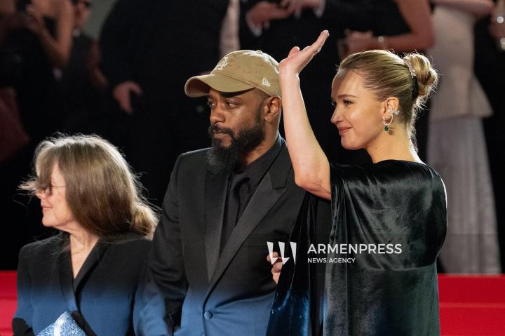 CANNES FRANCE - 17, May, 2025: Cast and crew of "Die, My Love" attend the red carpet premiere during the 78th Annual Cannes Film Festival at Palais des Festivals. The film, directed by Lynne Ramsay, features Jennifer Lawrence, Robert Pattinson, LaKeith Stanfield, Sissy Spacek, and Nick Nolte.