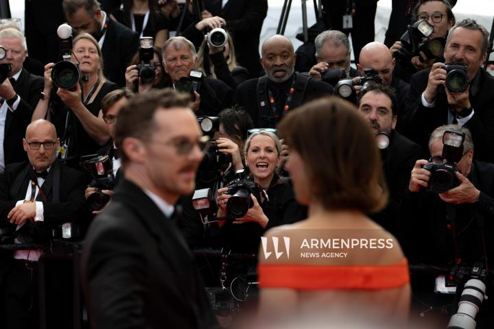 CANNES FRANCE - 18, May, 2025: Cast and crew of "The Phoenician Scheme" attend the red carpet premiere during the 78th Annual Cannes Film Festival at Palais des Festivals. The film, directed by Wes Anderson, features Benicio del Toro, Mia Threapleton, Michael Cera, Riz Ahmed, Mathieu Amalric, Richard Ayoade, Jeffrey Wright, Benedict Cumberbatch, Rupert Friend, Hope Davis, Charlotte Gainsbourg, and Antonia Desplat