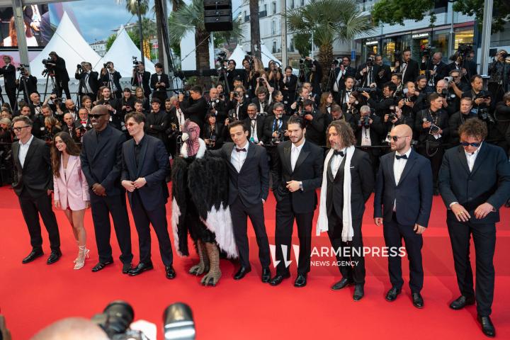 CANNES FRANCE - 17, May, 2025: Cast and crew of "Die, My Love" attend the red carpet premiere during the 78th Annual Cannes Film Festival at Palais des Festivals. The film, directed by Lynne Ramsay, features Jennifer Lawrence, Robert Pattinson, LaKeith Stanfield, Sissy Spacek, and Nick Nolte.