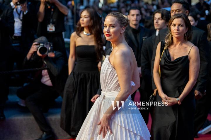 CANNES FRANCE - 17, May, 2025: Cast and crew of "Die, My Love" attend the red carpet premiere during the 78th Annual Cannes Film Festival at Palais des Festivals. The film, directed by Lynne Ramsay, features Jennifer Lawrence, Robert Pattinson, LaKeith Stanfield, Sissy Spacek, and Nick Nolte.