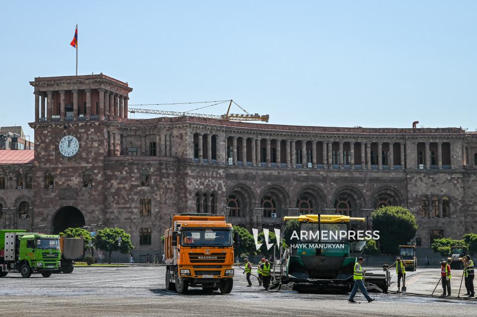 Asphalt layering work in Republic Square, Yerevan