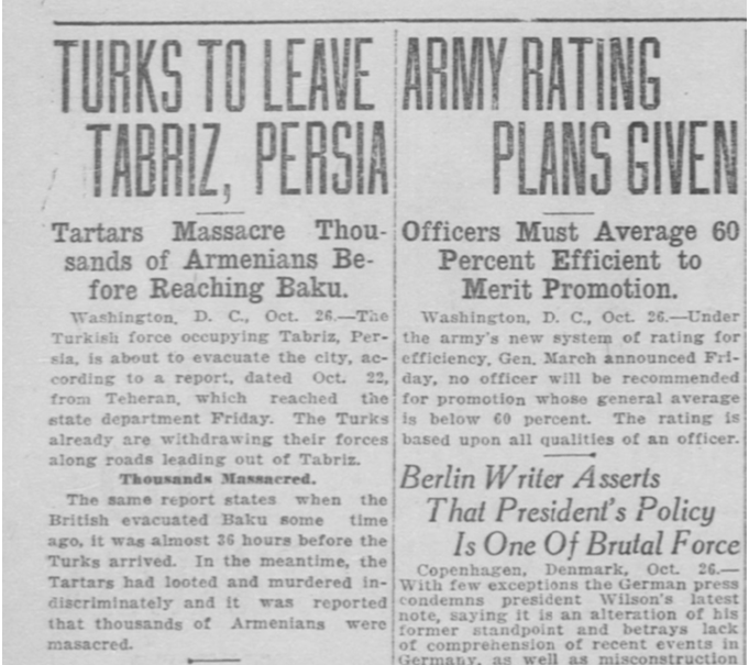 Բաքվի 1918թ. հայկական ջարդերը համաշխարհային մամուլի էջերում.Թուրքերը թաթարական խմբերին թույլ են տվել թալանել հայերին