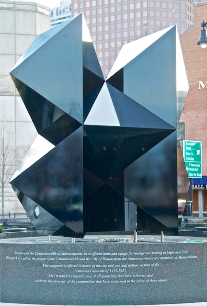 Dodecahedron Sculpture Reconfigured at Armenian Heritage Park in Boston
