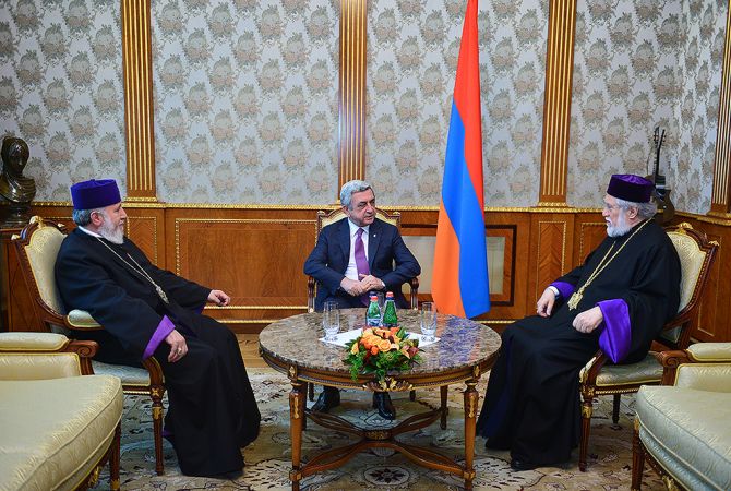 Serzh Sargsyan meets Catholicos Garegin II and Catholicos Aram I