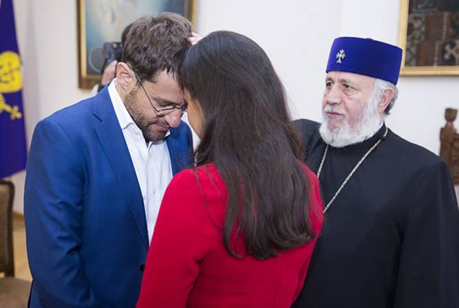 Catholicos of All Armenians Garegin II receives chess grandmaster Levon Aronian and his wife 
Arianne Caoili