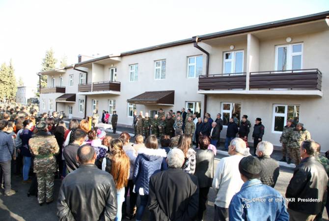 President of Artsakh participates in ceremony of handing over keys of newly built dwelling 
house to Defense Army servicemen