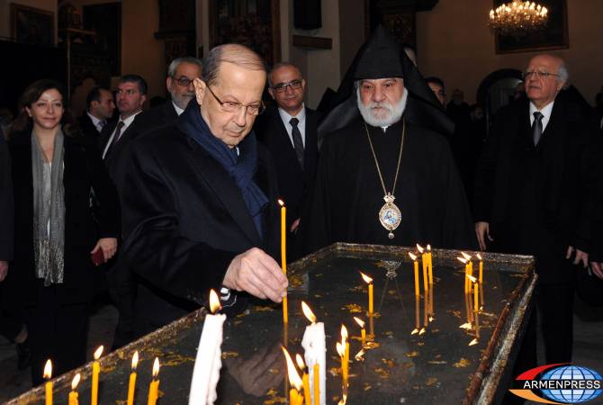 أول لقاء للرئيس اللبناني ميشال عون بزيارته الرسمية لأرمينيا في إتشميادزين المقدس مع قداسة 
كاثوليكوس عموم الأرمن كاريكين الثاني-صور-