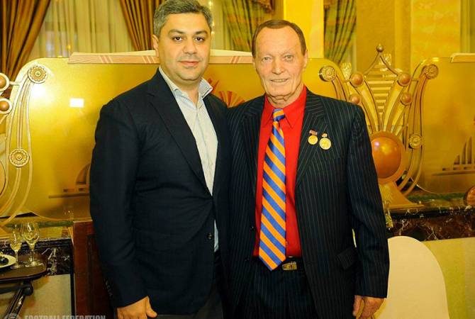 President of Football Federation of Armenia awards Sergei Bondarenko with FFA gold medal