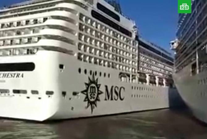 Столкновение гигантских круизных лайнеров в порту попало на видео