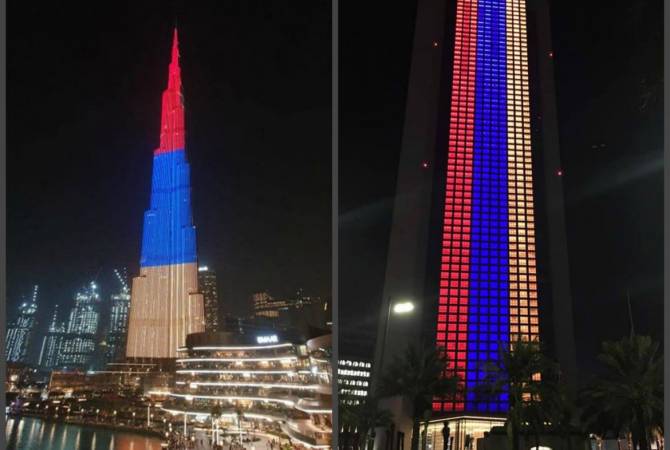 إضاءة برج خليفة وبناء بترول أبو طبي بألوان علم أرمينيا دليل الصداقة بين الشعبين-سفير الإمارات- 