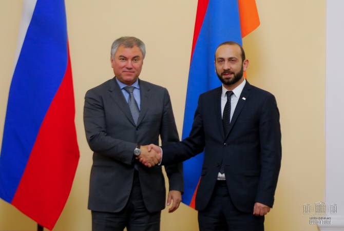 Speaker Ararat Mirzoyan holds meeting with Duma Chairman Vyacheslav Volodin