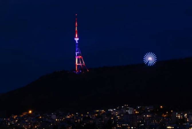 Tbilisi TV Tower lit up in Armenian flag colors in sign of solidarity during coronavirus pandemic