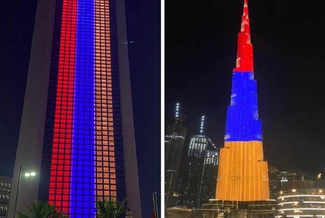 الإمارات تضيء برج خليفة بدبي ومبنى أدنوك بأبو ظبي بألوان العلم الأرمني بيوم استقلال أرمينيا-فيديو-