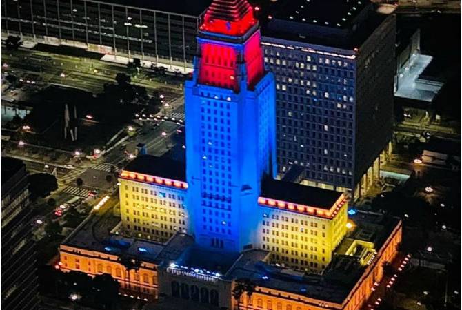 Los Angeles City Hall lit up in colors of Armenian flag