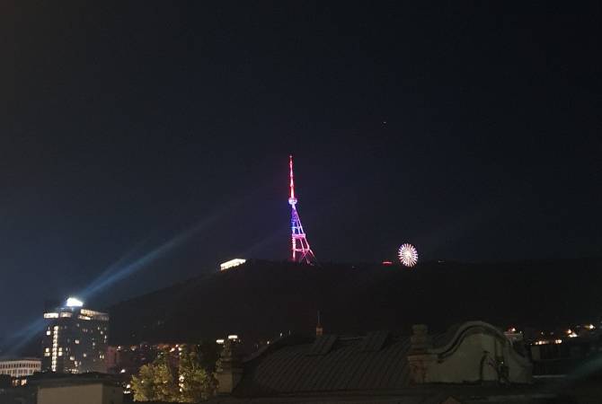 Tbilisi TV tower lit up in Armenian flag honoring Independence Day 